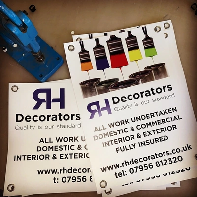 Weather proof sign with eyelets for RH Decorators, printed by Furnival Press