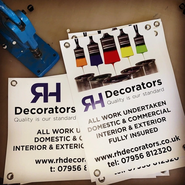 Weather proof sign with eyelets for RH Decorators, printed by Furnival Press